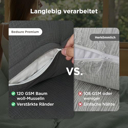 Image of BEDSURE Muslin Bed Linen 135 x 200 cm 4-Piece - Anthracite, 80 x 80 cm Pillowcases | 100% cotton bed linen sets, 2 duvet covers 135 x 200 cm and 2 pillowcases 80 x 80 cm, with zip, soft, breathable