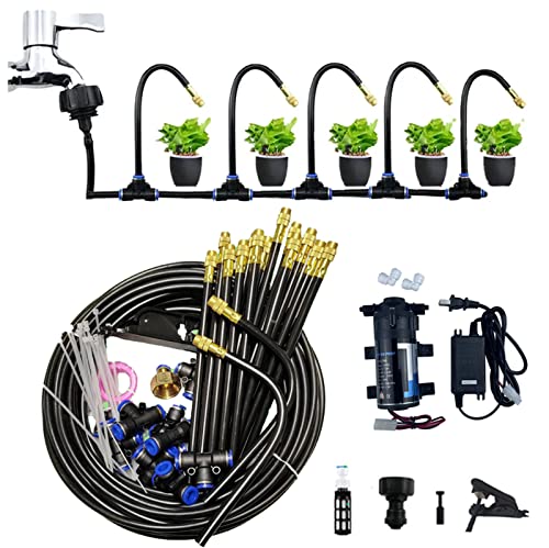 Kit de Sistema de Riego por Goteo con Bomba Silenciosa de 24 V, Boquillas Ajustables, Línea de Nebulización Flexible Y Filtro, Sistema de Enfriamiento por Nebulización para Exteriores