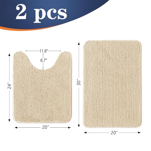 Image of OLANLY Bathroom Rugs Sets 2 Piece, Soft Absorbent Chenille Bath Mats and U-Shaped Contour Toilet Rug, Non-Slip, Machine Washable Bath Carpet, Home Decor Accessories(30 inchx20 inch+24 inchx20 inch, Beige)