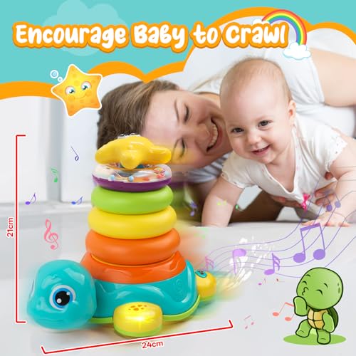 HUIYOKAY Baby Spielzeug ab 6 8 9 12 Monate Schildkröten Babyspielzeug ab 1 Jahr Musikalische Sensorikspielzeug mit Ringen Stapelturm Geschenk Kinderspielzeug ab 1 2 Jahre Junge Mädchen Weihnachten