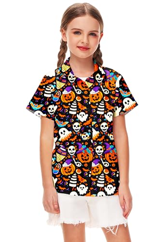 Image of Remimi Unisex Kids Halloween Shirt Boys Pumpkin Ghost Shirts Hawaii Button Up Tops 5-14 Years