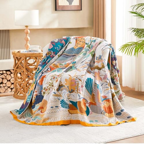 Image of XIBLC Fall Throw Blanket for Couch, Yellow Boho Decorative Throw Blanket, 100% Cotton Muslin Breathable Woven Farmhouse Blankets Quilt, 50 inchx60 inch Reversible Lightweight Blankets Bohemian Throw Quilt