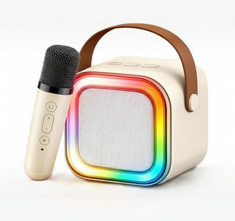 Portable Karaoke Bluetooth Speaker with Wireless Mics and Dynamic Lights, Birthday Present for Kids, Boys, Girls and Toddlers Ages 4-12+ Years, Home Outdoor Travel (Cream)