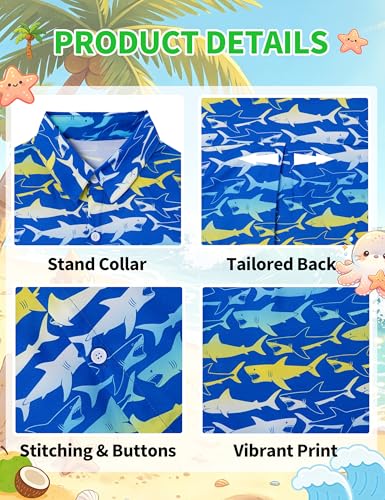 Image of Boys Hawaiian Shirt Kids Button Down Aloha Beach Hawaii Tops 5-14Y | Quick Dry, Breathable, Cooling & Lightweight, For Summer Vacation Holiday, Fourth of July, Youth, Teen, Shark, Dinosaur