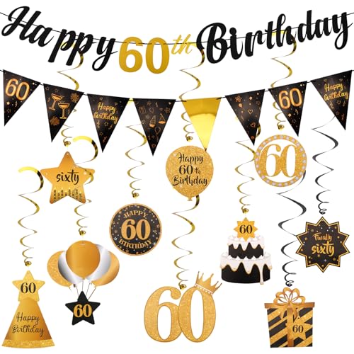 Image of Black & Gold 60th Birthday Decoration Kit - Happy 60th Birthday Decorations for Women & Men with 10PCS Hanging Swirls