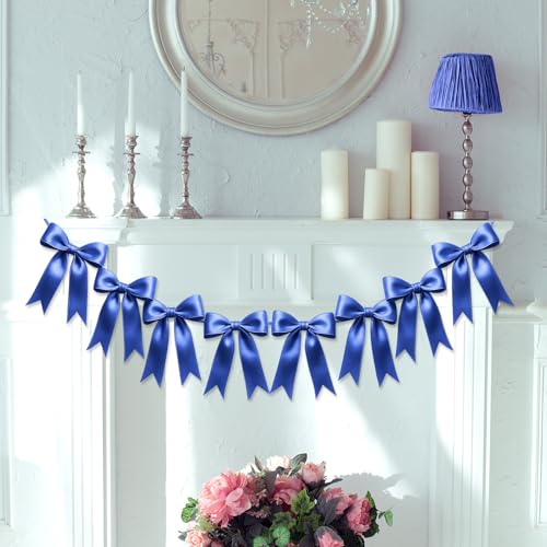 Image of 1 String of 8PCS Navy Blue Bow Garland Banner Decoration,Pre-Strung Satin Ribbon Ornaments for Birthday,Bachelorette Party,Bridal Shower,Wedding,Engagement,Baby Shower,Graduation Decor,Anniversary