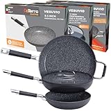 3-SKILLET BUNDLE - The DaTerra Cucina 3-Skillet Bundle includes a 9.5", an 11" frying pan with a glass lid, and a 13" frying pan. This versatile set is perfect for cooking a wide variety of meals, providing all the essential sizes for your daily cook...