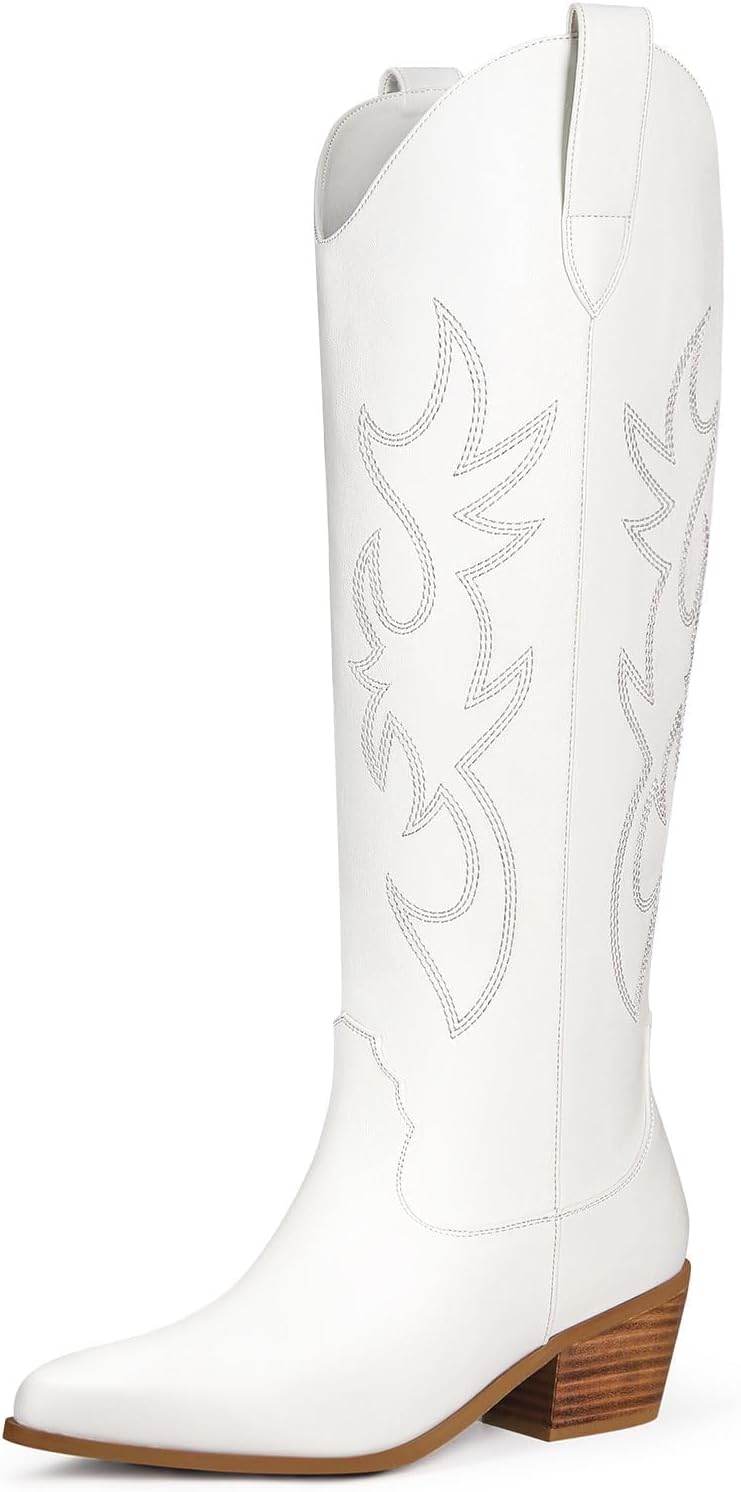 White Cowgirl Boots Women Cowboy Knee High Tall Boots Chunky Heel Pointed Toe Pull-On Western Wide Calf Boats Country Fashion