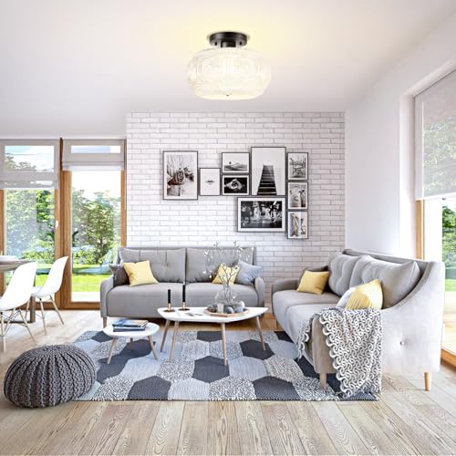 Image of 11 Inch Milk Glass Semi Flush Mount Ceiling Light Fixture, Black