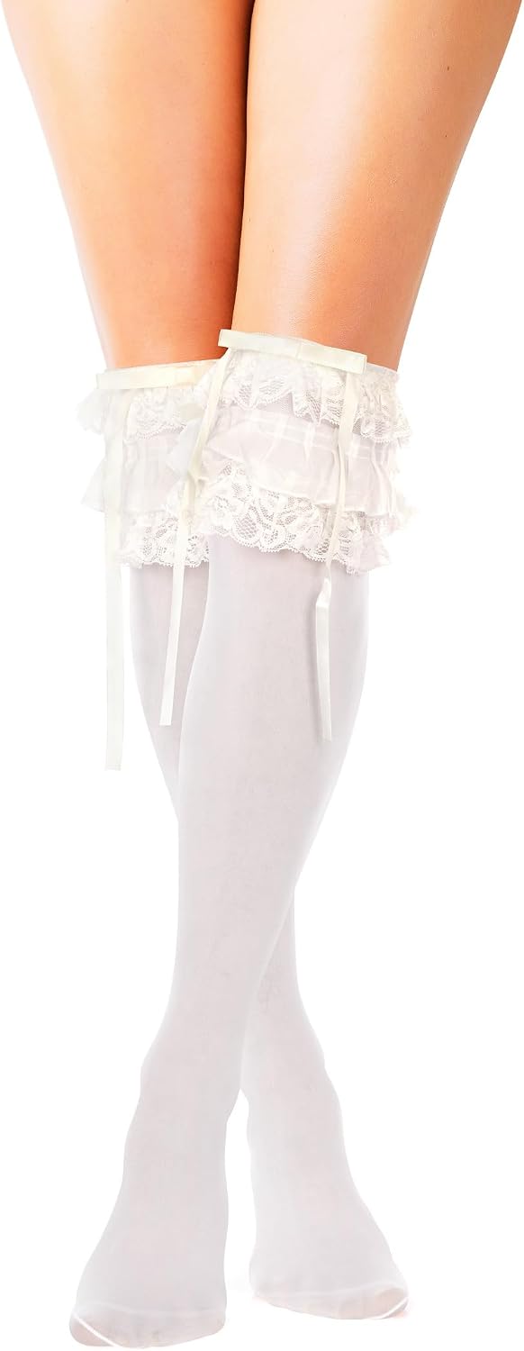 Violet Mist Black White Nylon Thigh High Socks Women Girls Opaque Thigh High Stockings with Lace Trim and Bow Cosplay Costume