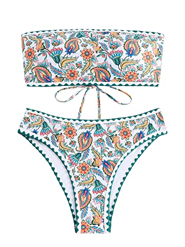 Image of ZAFUL Women Strapless Textured Bandeau Bikini 2 Piece Swimwear Cheeky Solid Lace up Bathing Suits