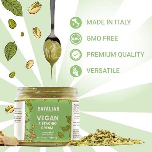 Image of EATALIAN by AMZ BETTER Vegan Pistachio Cream, 17.63 oz / 500 gr, Delicious vegan spread with a uniquely sweet taste, Ideal on bread, Perfect with ice cream, Excellent for Dubai Chocolate, Made in Italy