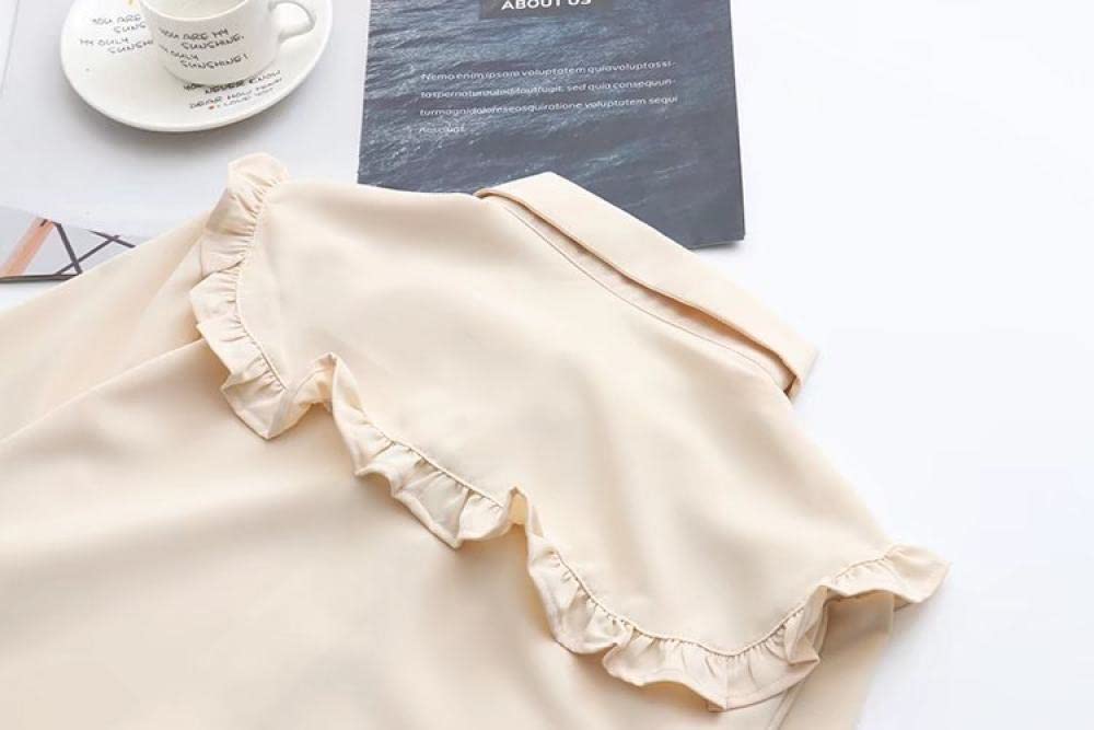Chemisier Femme,Femmes Beige Court en Mousseline De Soie Revers À Volants Bouton De Cravate Doux Mignon À Manches Longues Printemps Été Chemisiers Élégant Tunique Décontracté Élégant Hauts