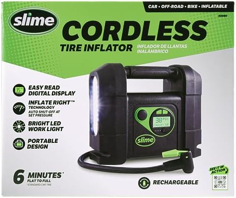 Slime 40080 Cordless Tire Inflator, Rugged Portable Air Compressor Pump with Auto Shut Off, Lithium Ion Battery and LED Light, Rechargeable