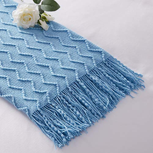 Nexhome Throw Blanket For Bed Blue Decorative Knit Blanket With Tassel Fringe Soft Lightweight Zigzag Textured Boho Throws (50"X60" Sea Blue) #TOP6