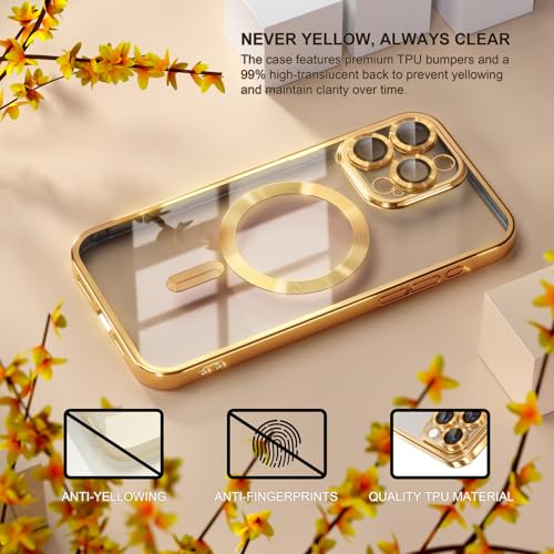 Image of Misea Magnetic for iPhone 15 Pro Max Case Compatible with MagSafe Gold | [Never Yellowing] [Military Drop Protection] Full Camera Lens Protector Plating Soft Clear Phone Case for Women, Gold