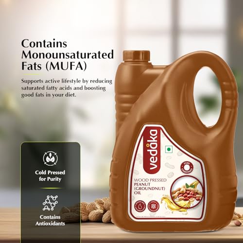 Image of Amazon Brand - Vedaka Wood Pressed Peanut Oil 5L | Cooking Oil | Groundnut Oil | Kolhu, Kacchi Ghani, Mara Chekku, Ganuga | Rich Aroma & Flavour Of Groundnuts