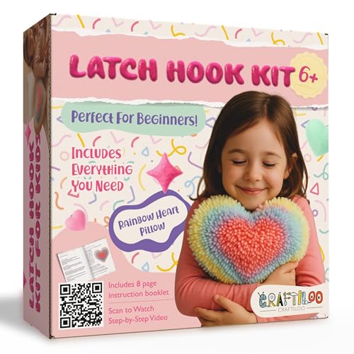 CRAFTILOO Latch Hook Kit for Kids Rug DIY Pillow Craft with Hook, Precut Yarn, Easy to Follow Pattern Cute Designs with Rainbow Heart Ages 8+