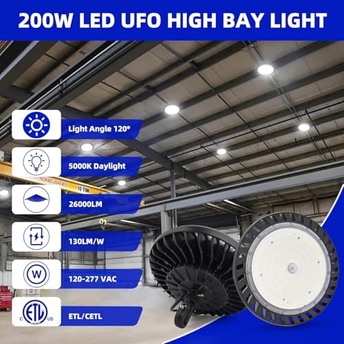 Image of hykolity UFO LED High Bay Light, 200W, 26000LM, 5000K Daylight, 130LM /W | High Bay Shop Lights IP65 Waterproof Commercial Bay Lighting for Warehouse Workshop Factory Shop Barn Factory, ETL, 2 Pack