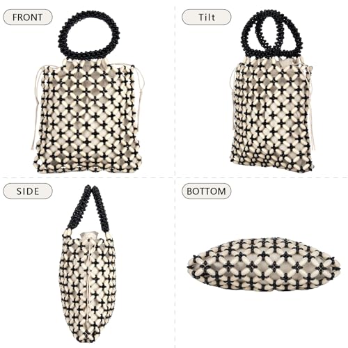 Image of YYW Unique Handmade Wooden Bead Tote Bag for Women, Small Handwoven Clutch Purses Woven Bucket Handbag and Drawstring Handbag