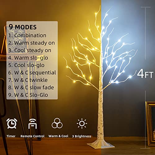 Zhouduidui Lighted Birch Tree, 4Ft 48Led Birch Tree Lights, Mothers Day Decor Gifts Indoor Outdoor Artificial Twig Tree Light 9Modes Timer For Christmas Home Party Wedding Decor,Warm & Cool White #TOP4