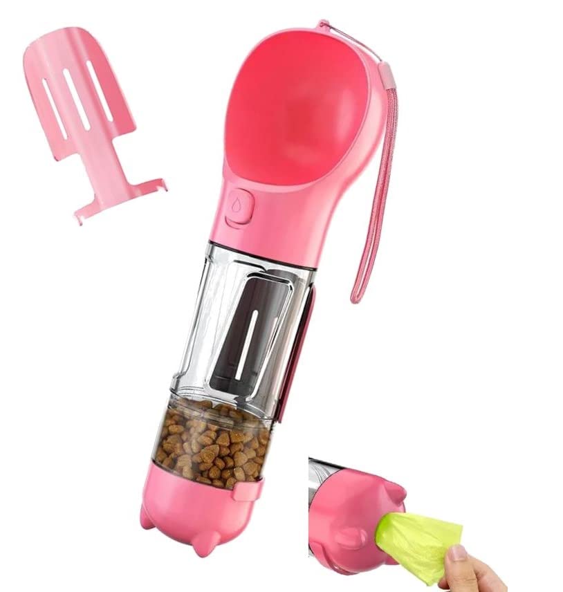 Generisch Dog Water Bottle with Feeder, Bag Dispenser and Scoop, Ideal for Travel (Pink)
