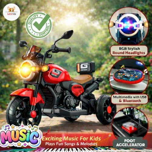 Image of Kids Electric Ride-On Bike with LED Headlight, Music & 3-Wheel Stability, Battery Powered Motorcycle Toy for Boys & Girls (Ages 1-4 Years) (RED)