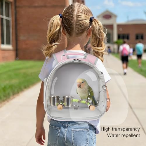 Image of Small Bird Travel Backpack Carrier Cage with Cups, Backpack to Transport Backpack Carrier with Clamp Cups Stand Perch for Parakeet Cockatiel Budgies Vet Carry Book Bag Pink