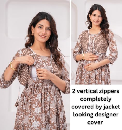Image of Dhruvi Women's Rayon Anarkali Maternity Dress & Feeding Kurti with Zippers