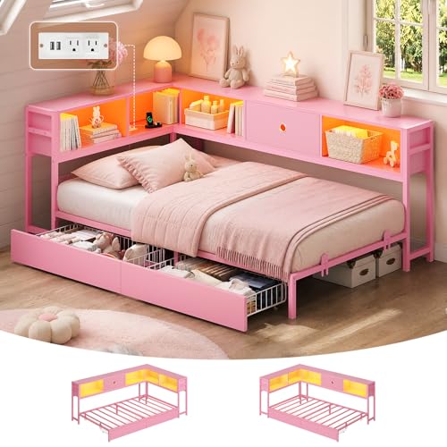 Image of Hasuit Twin XL Corner Bed Frame with Storage Drawers and Bookcase Headboard, Twin xl Size Metal Platform Bed Frame for Girls with Charging Station and LED Lights, Twin XL Daybed for Kids Bedroom, Pink