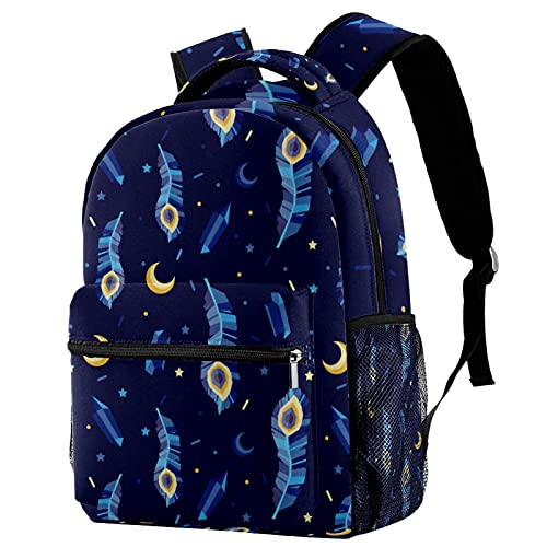 Sac à dos lune et plumes de paon bleu pour vacances et sorties scolaires