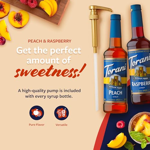 Image of Torani Sugar Free Raspberry Syrup and Sugar Free Peach Syrup Variety 2-Pack, Flavored Syrups for Drinks, Pumps Included, 25.4 Fl Oz Ea