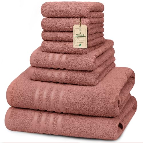 HomeBurg Core Set de Toallas 8 Mix - Pequeñas (30×30 cm), Medianas (40×60 cm) & Grandes (60×135 cm) - Suaves, Absorbentes & Confortables, Rojo Duna