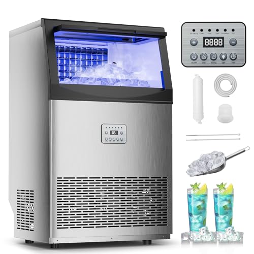 Commercial Ice Maker,90 lbs/24H,Stainless Steel Ice Machine with 33 lbs Storage Capacity,45 Cubes in 14 Mins,Water Filter,Under Counter/Freestanding I