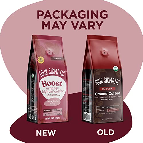 Organic High Caffeine Coffee By Four Sigmatic | Dark Roast Extra Strong Ground Coffee With L-Theanine & Cordyceps Mushroom Extract | Energy Booster Mushroom Super Coffee Without The Jitters | 12Oz Bag #TOP1