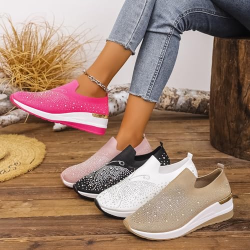 Women's Glittery Rhinestone Fashion Breathable Wedge Sneakers Summer Butterfly Embroidered Bling Sneakers for Women Sparkly Mesh Slip-on Walking Sneaker2