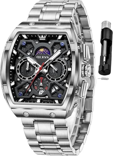 Image of OLEVS Men Watches Business Dress Chronograph Big Square Quartz Analog Male Watch Silicone Strap Waterproof Date Gift Mens Wrsit Watch Silver
