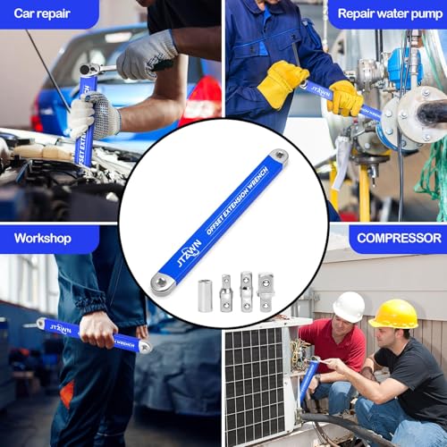 Image of Offset Extension Wrench, 15in, 1 /2, 3 /8, 1 /4 Drive Adapters | High Carbon Steel Chain Drive Tool for Engine Bays, Car Repair And Confined Spaces