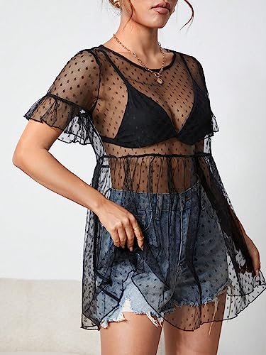 WDIRARA Women's Polka Dots Sheer Mesh Mini Dress Short Sleeve Ruffle Hem Flared Dresses3