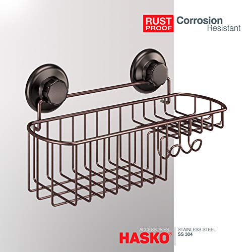 HASKO accessories - Powerful Vacuum Suction Cup Shower Caddy Basket for Shampoo - Combo Organizer Basket with Soap Holder and Hooks - Stainless Steel Holder for Bathroom Storage (Bronze)