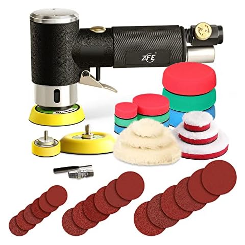 ZFE 1/2/3 Inch Random Orbital Air Sander, Mini Pneumatic Sander for Auto Body Work, High Speed Air Powered Polisher with 15 Polishing Buffing Pads,18 Sandpapers Cover