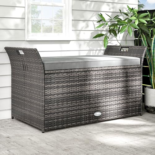 YITAHOME 90 Gallon Outdoor Wicker Storage Bench w/Cushion,...