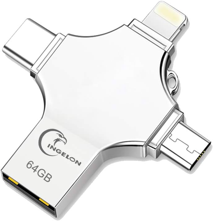 4 in 1 Multifunction USB Type-C Flash Drive 64GB, Thumb Drive Compatible with iPhone iPad MacBook Pro iPod Photo Memory Stick for Android iOS Samsung Galaxy Camera Laptop Computer