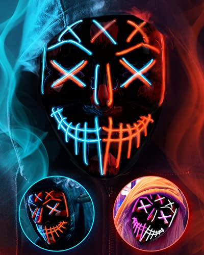 Purge Mask Light Up Halloween Costume Kids Adult Women LED Scary Glow Face Masks (Red Blue Purge Mask) (Red Blue Purge Mask)