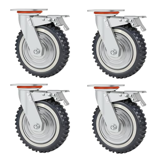 DBREAKS Ruedas para cargas pesadas, ruedas de transporte de 200 mm de diámetro, 4 ruedas giratorias con freno, ruedas de goma maciza de 360°, 2000 kg para mesa de soldadura