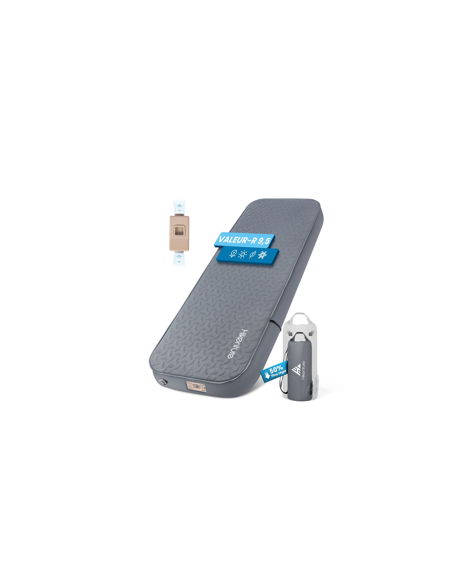 HIKENTURE Matelas Autogonflant avec Pompe Électrique Intégrée - en Mousse | 10cm d'épaisseur - Autogonflage Rapide - Valeur-R 9.5 Haute Isolation - Matelas Camping pour Trekking, Randonnée et Plage