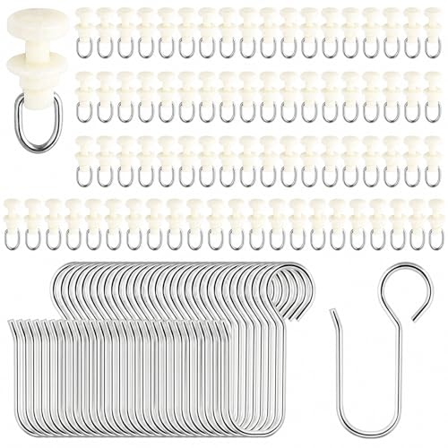 200 Stück Gardinenröllchen für Schiene Set, 100 Gardinenhaken Gleiter und 100 Metall Vorhanghaken, Gardinengleiter für Schienen für alle Standardschienen, Duschvorhang Schiene, Vorhang Haken