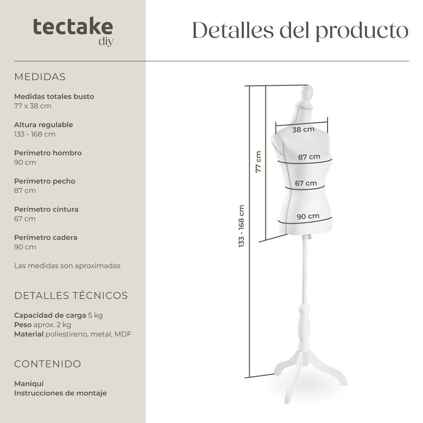 tectake® Busto Maniqui Femenino de Espuma Plástica con Soporte de Madera, ideal para Costurero, Maniqui Costura Ajustable, Montaje sin Tornillos - 77 x 38 x 168 cm Blanco