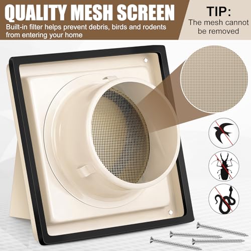 Image of Gisafai 6 inch Dryer Vent Cover Outside with Stainless Steel Mesh Wall Dryer Exhaust Cap and Removable Extended Pipe Vent Shroud Hood Cushioned Non Return Flap with Sealing Gasket Grille(Tan)