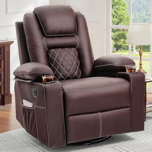YITAHOME Swivel Rocker Recliner Chair with Massage & Heat, 360° Rotation Rocking Recliner, Faux Leather Manual Recliner with Cup Holders, Home Theater Seating for Living Room, Brown